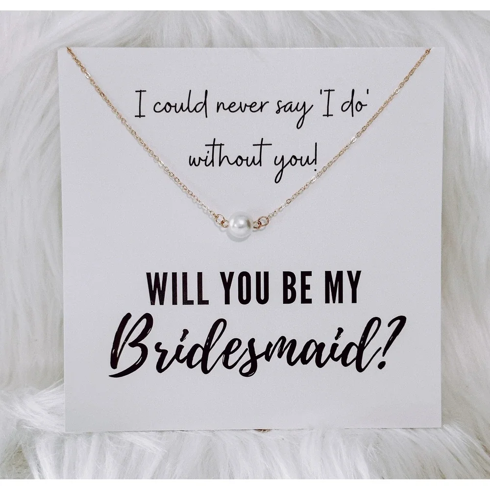 Bridesmaid Proposal Card Pearl Necklace Wedding Bridal Party Gift Gold Silver